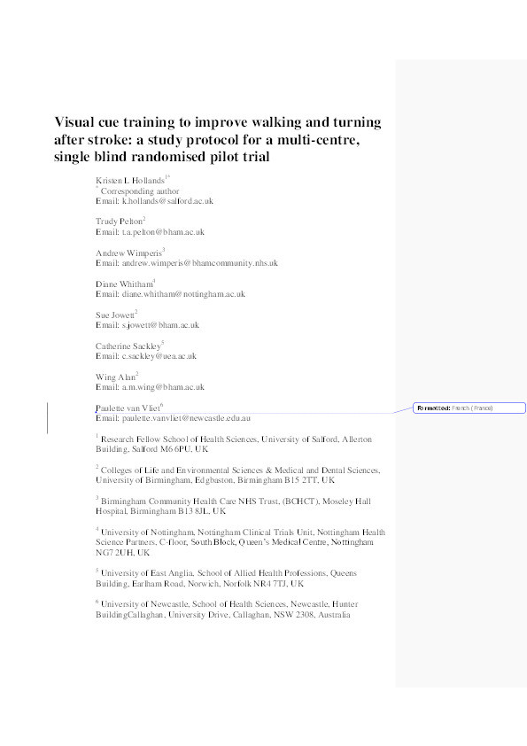Visual cue training to improve walking and turning after stroke: a study protocol for a multi-centre, single blind randomised pilot trial Thumbnail