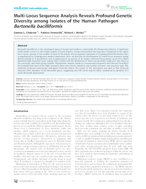 Multi-Locus sequence analysis reveals profound enetic diversity among isolates of the human athogen bartonella bacilliformis Thumbnail