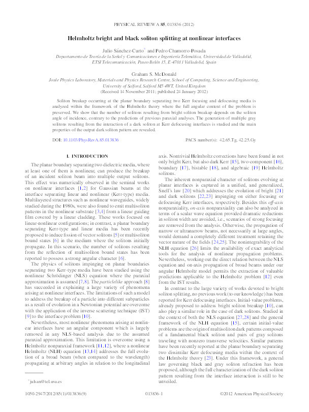 Helmholtz bright and black soliton splitting at nonlinear interfaces Thumbnail