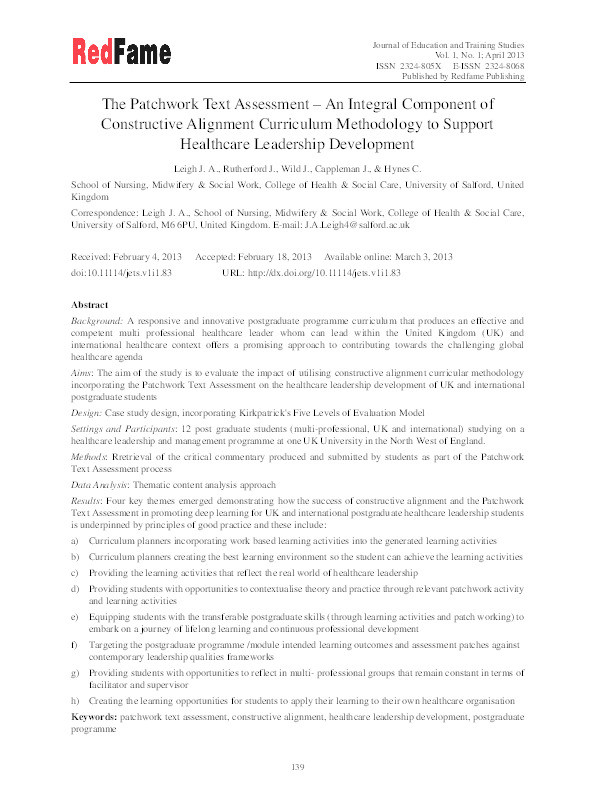 The Patchwork text assessment - an integral component of constructive alignment curriculum methodology to support healthcare leadership development Thumbnail