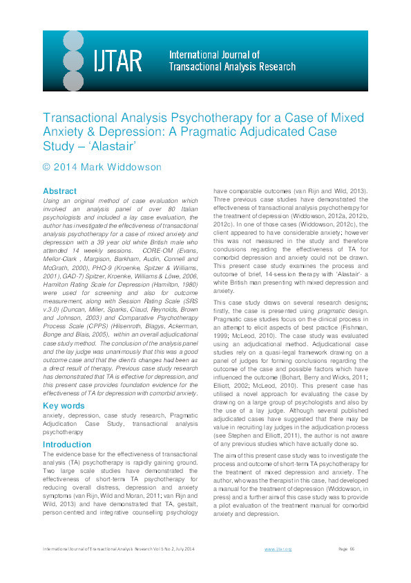 Transactional analysis psychotherapy for a case of mixed anxiety & depression : a pragmatic adjudicated case study – ‘Alastair’ Thumbnail