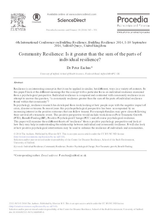 Community resilience : is it greater than the sum of the parts of individual resilience? Thumbnail