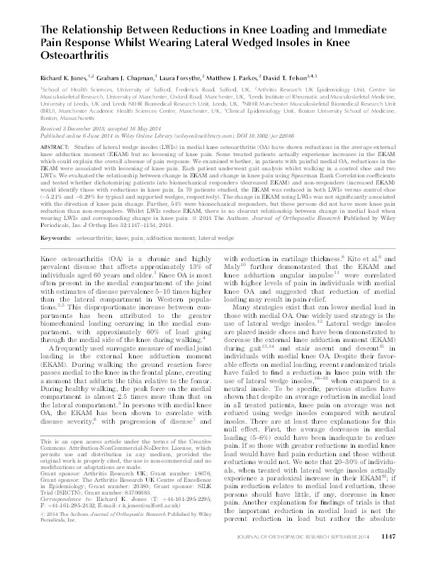 The relationship between reductions in knee loading and immediate pain response whilst wearing lateral wedged insoles in knee osteoarthritis Thumbnail