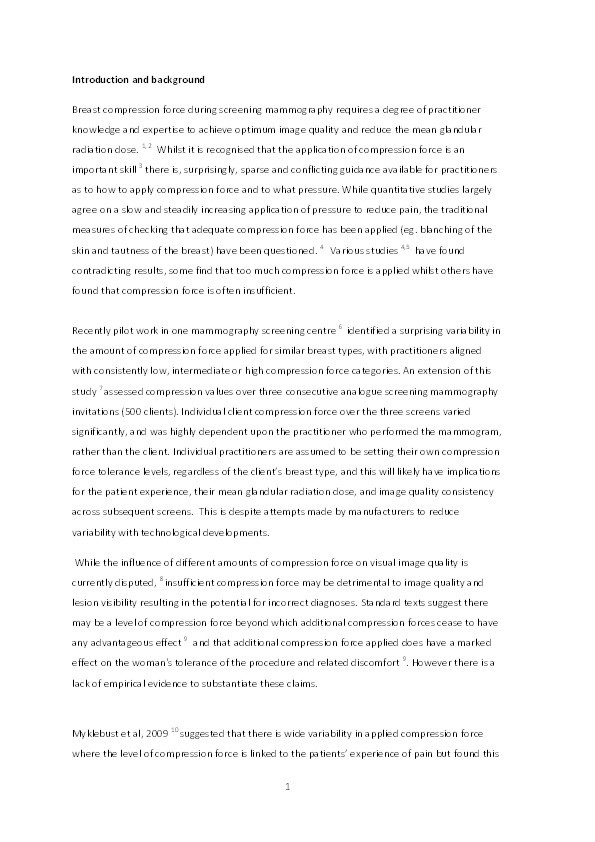 Compression force behaviours : an exploration of the beliefs and values influencing the application of breast compression during screening mammography Thumbnail