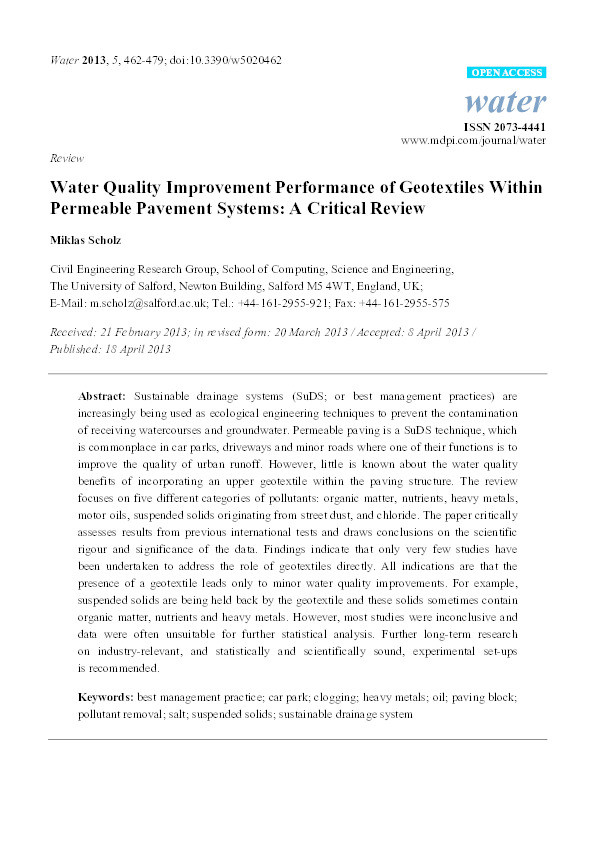 Water quality improvement performance of geotextiles within permeable pavement systems: A critical review Thumbnail