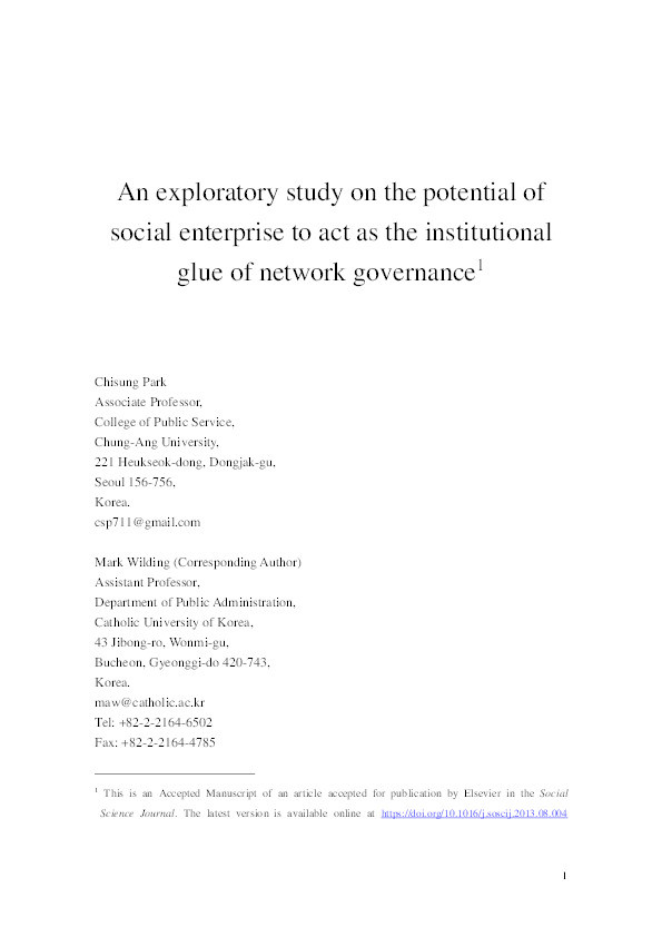 An exploratory study on the potential of social enterprise to act as the institutional glue of network governance Thumbnail