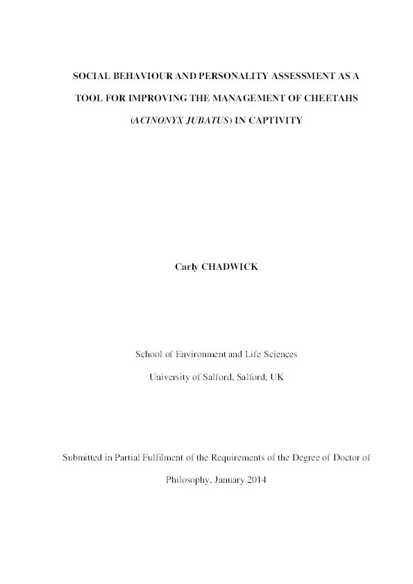 Social behaviour and personality assessment as a tool for improving the management of cheetahs (Acinonyx jubatus) in captivity Thumbnail