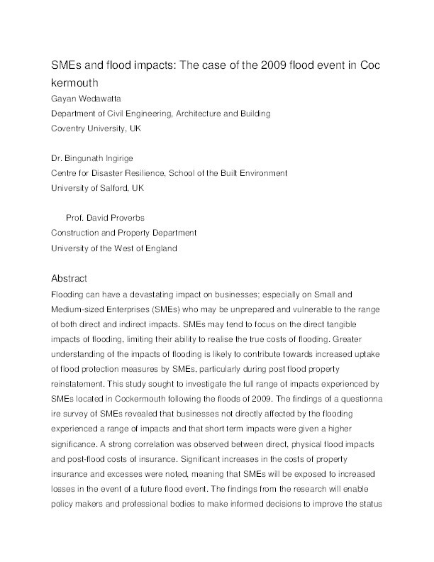 Small businesses and flood impacts: The case of the 2009 flood event in Cockermouth Thumbnail