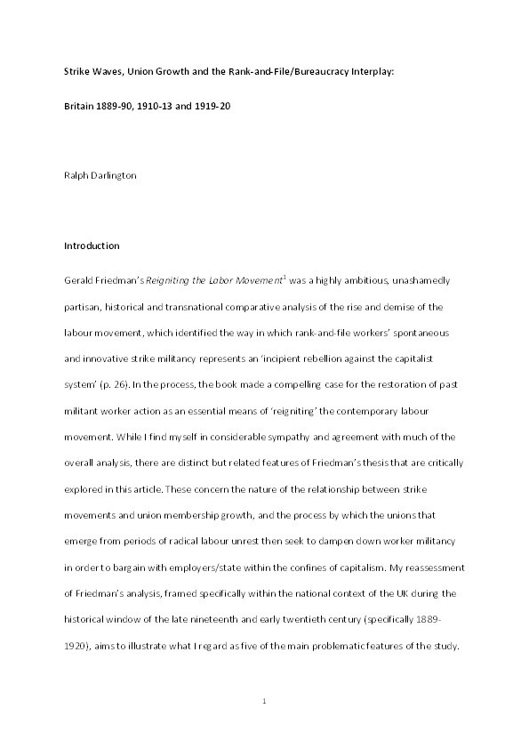 Strike waves, union growth and the rank-and-file/bureaucracy interplay : Britain 1889-1890, 1910-1913 and 1919-1920 Thumbnail