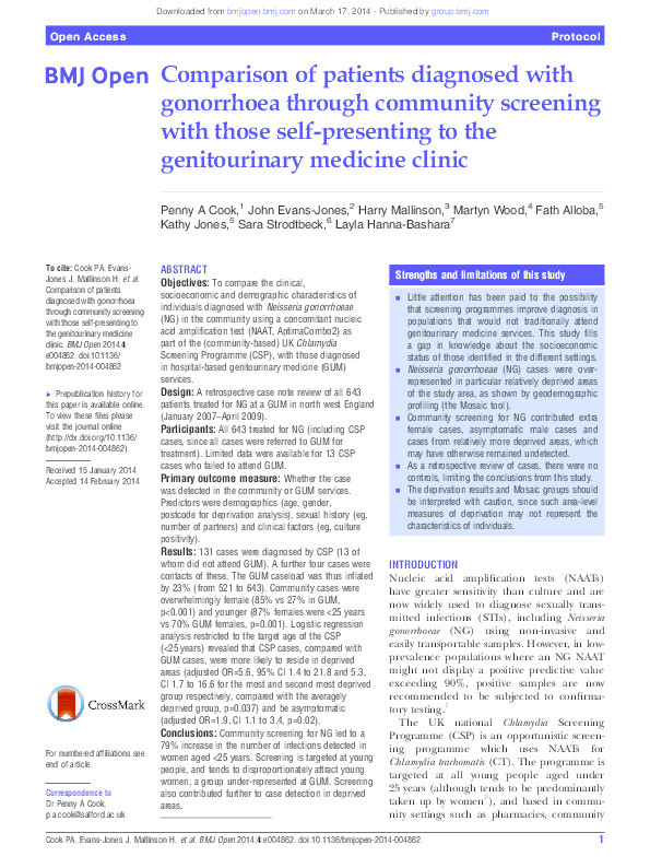 Comparison of patients diagnosed with gonorrhoea through community screening with those self-presenting to the genito-urinary medicine clinic Thumbnail