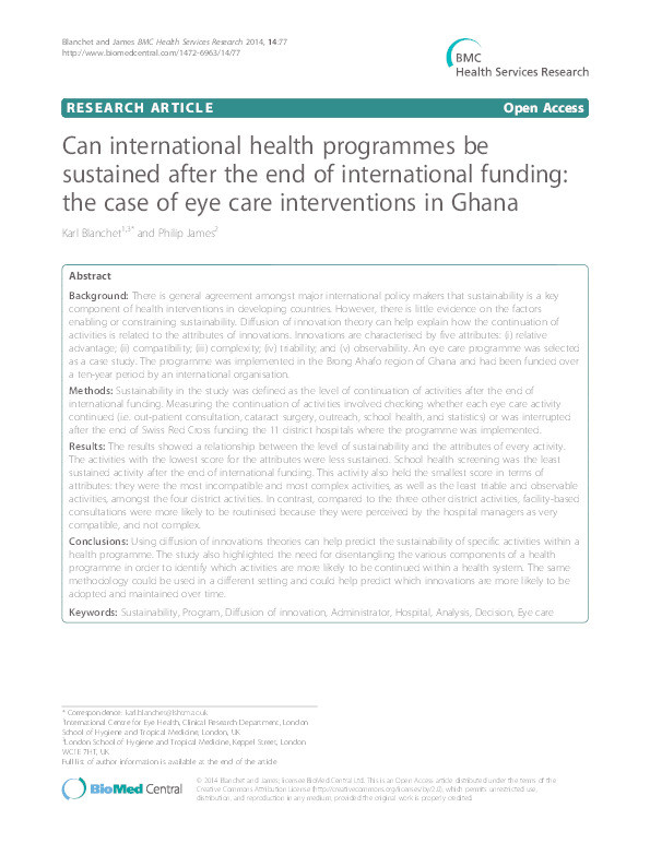 Can international health programmes be sustained after the end of international funding? The case of eye care interventions in Ghana Thumbnail