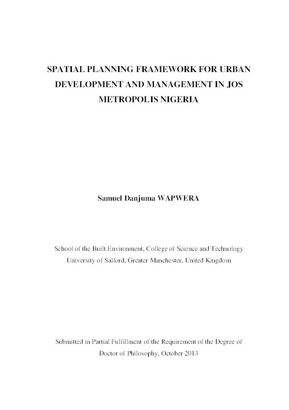 Spatial planning framework for urban development and management in Jos Metropolis, Nigeria Thumbnail