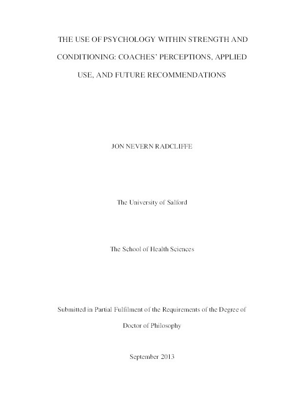 The use of psychology within strength and conditioning : coaches’ perceptions, applied use and future recommendations Thumbnail