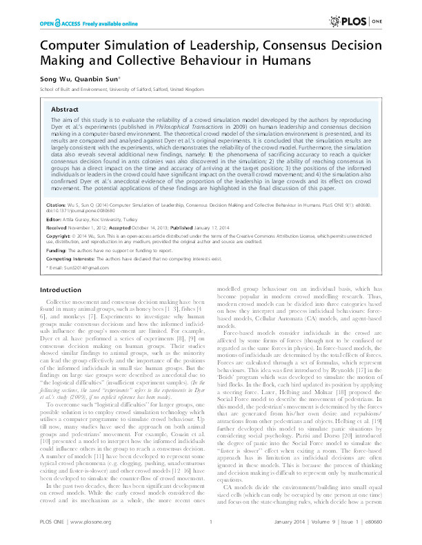 Computer simulation of leadership, consensus decision making and collective behaviour in humans Thumbnail