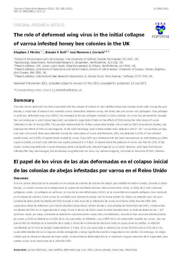 The role of deformed wing virus in the initial collapse of varroa infested honey bee colonies in the UK. Thumbnail