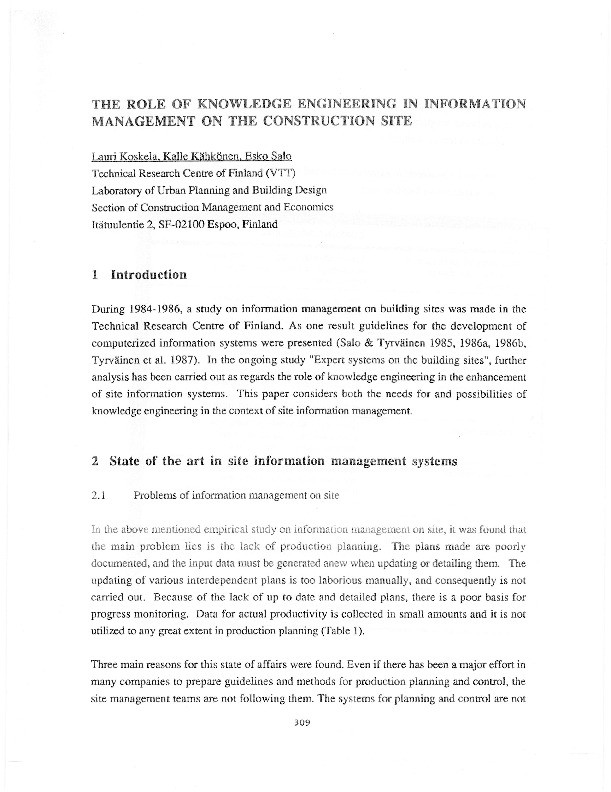 The role of knowledge engineering in information management on the construction site Thumbnail