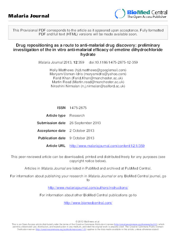 Drug repositioning as a route to anti-malarial drug discovery: preliminary investigation of the in vitro anti-malarial efficacy of emetine dihydrochloride hydrate Thumbnail