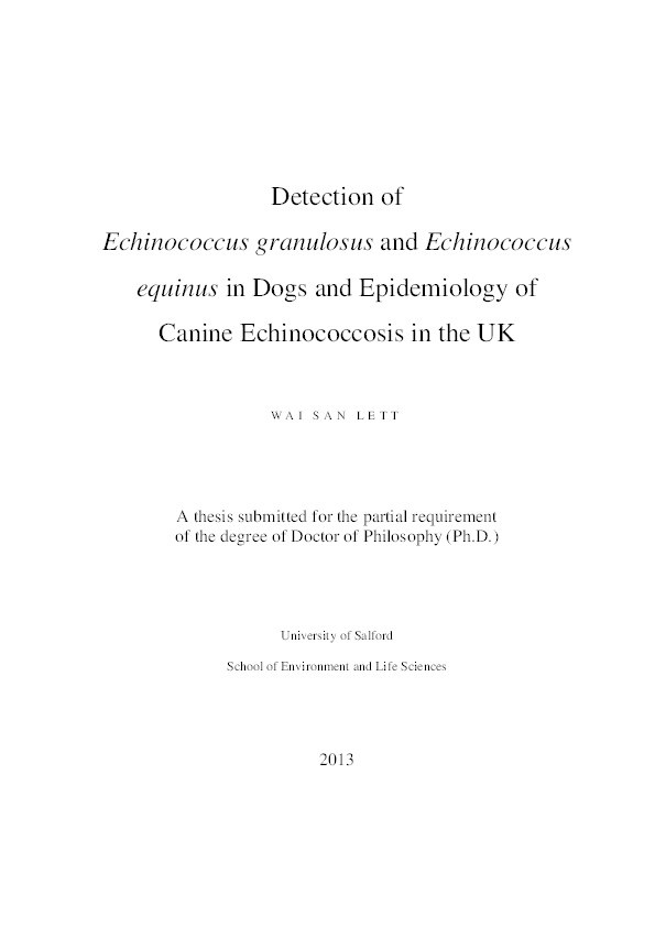 Detection of
Echinococcus granulosus and Echinococcus equinus in dogs and epidemiology of canine echinococcosis in the UK Thumbnail