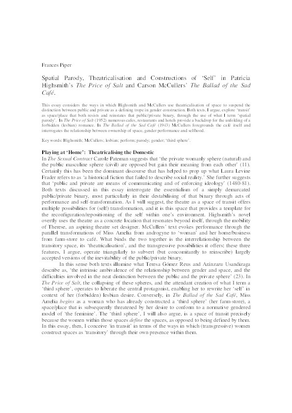 Spatial parody, theatricalisation and constructions of ‘self’ in Patricia Highsmith’sThe Price of Salt and Carson McCullers’ The Ballad of the Sad Cafe Thumbnail