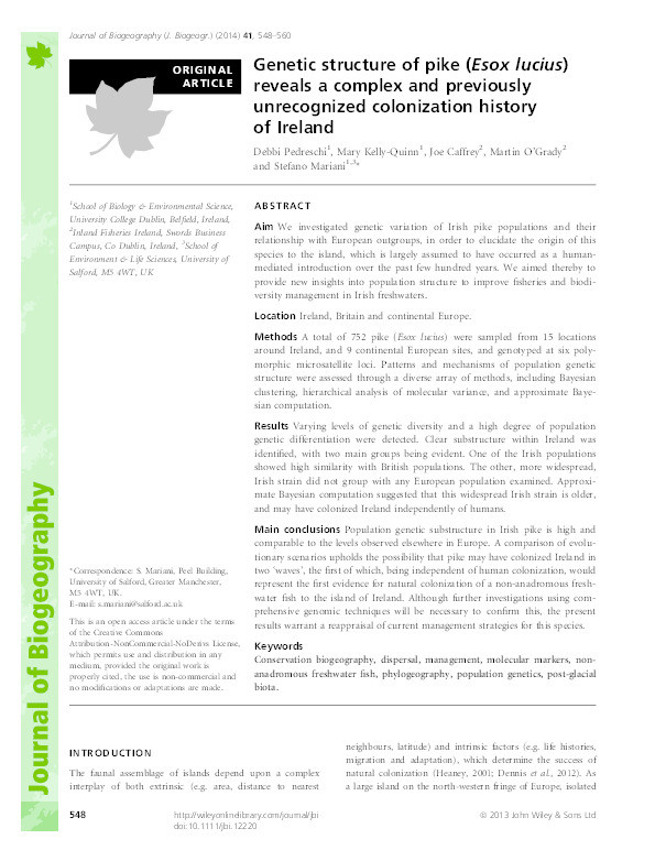 Genetic structure of pike (Esox lucius) reveals a complex and previously unrecognized colonization history of Ireland Thumbnail