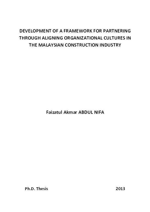 Development of a framework for partnering through aligning organizational cultures in the Malaysian construction industry Thumbnail