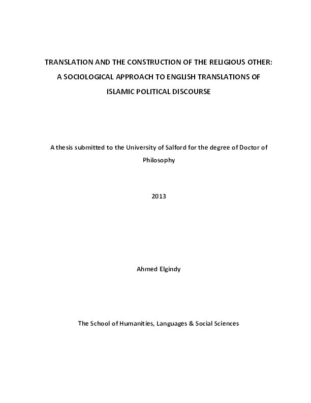 Translation and the construction of the religious other : A sociological approach to english translations of islamic political discourse Thumbnail