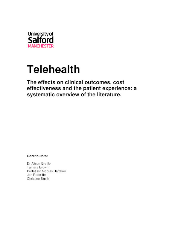 Telehealth: The effects on clinical outcomes, cost effectiveness and the patient experience: a systematic overview of the literature Thumbnail