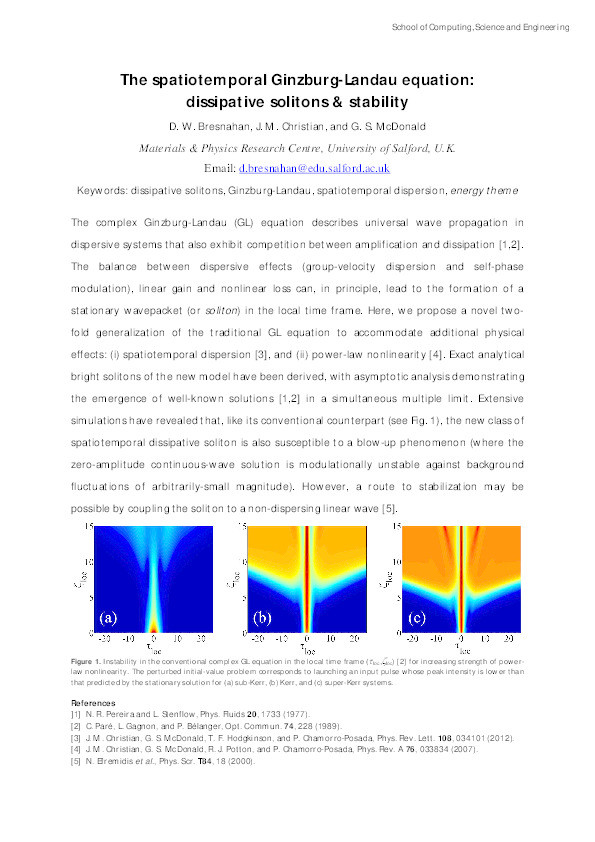 The spatiotemporal ginzburg-landau equation: Dissipative solitons & stability Thumbnail