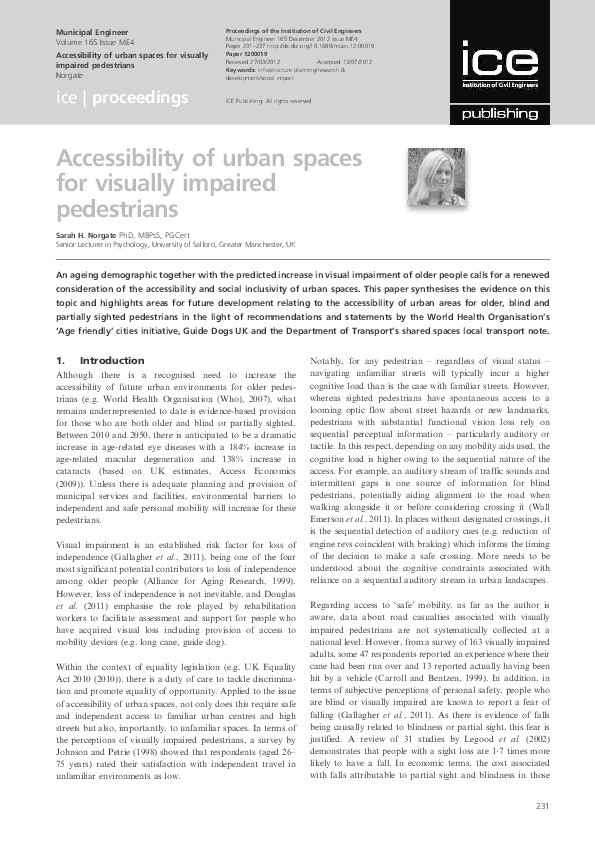 Accessibility of urban spaces for visually impaired pedestrians Thumbnail