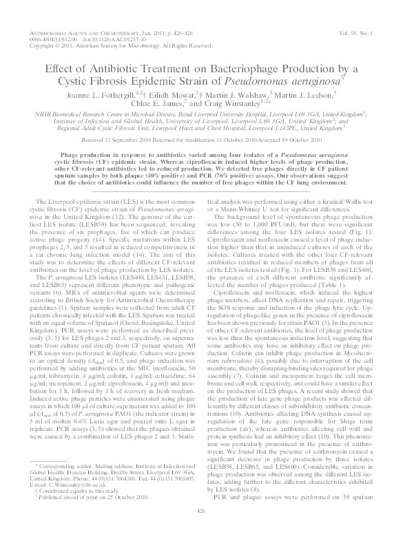 The effect of antibiotic treatment on bacteriophage production by a cystic fibrosis epidemic strain of Pseudomonas aeruginosa Thumbnail