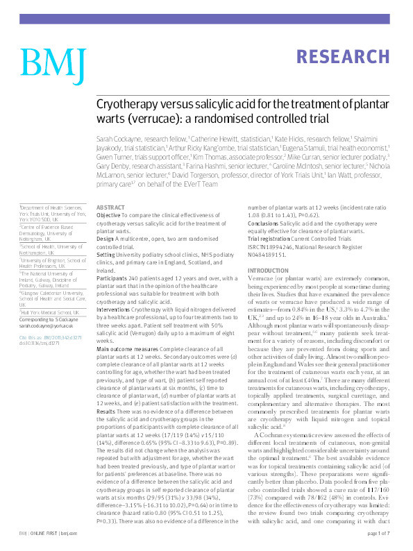 Cryotherapy versus salicylic acid for the treatment of plantar warts (verrucae): a randomised controlled trial Thumbnail