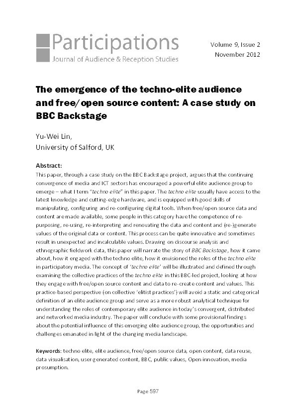 The emergence of the techno-elite audience and free/open source content : a case study on BBC Backstage Thumbnail