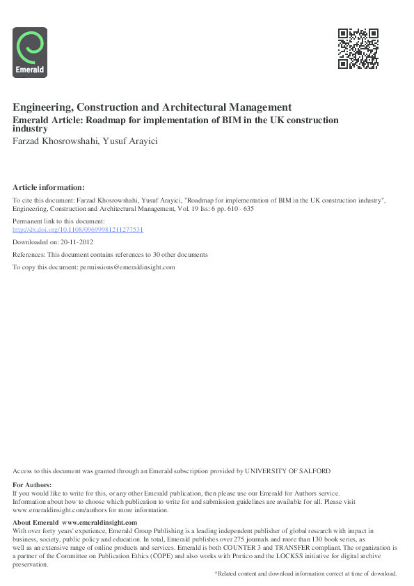 Roadmap for implementation of BIM in the UK construction industry Thumbnail