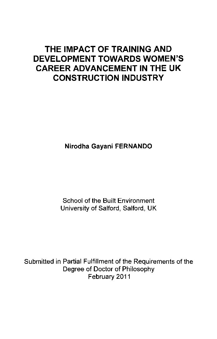 The impact of training and development towards women's career advancement in the UK construction industry Thumbnail