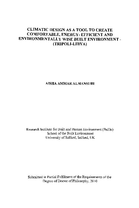 Climatic design as a tool to create comfortable, energy-efficient and environmentally wise built environment (Tripoli-Lybia) Thumbnail