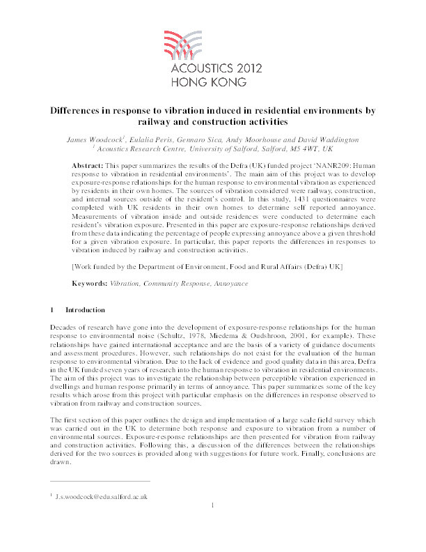 Differences in response to vibration induced in residential environments by railway and construction activities Thumbnail