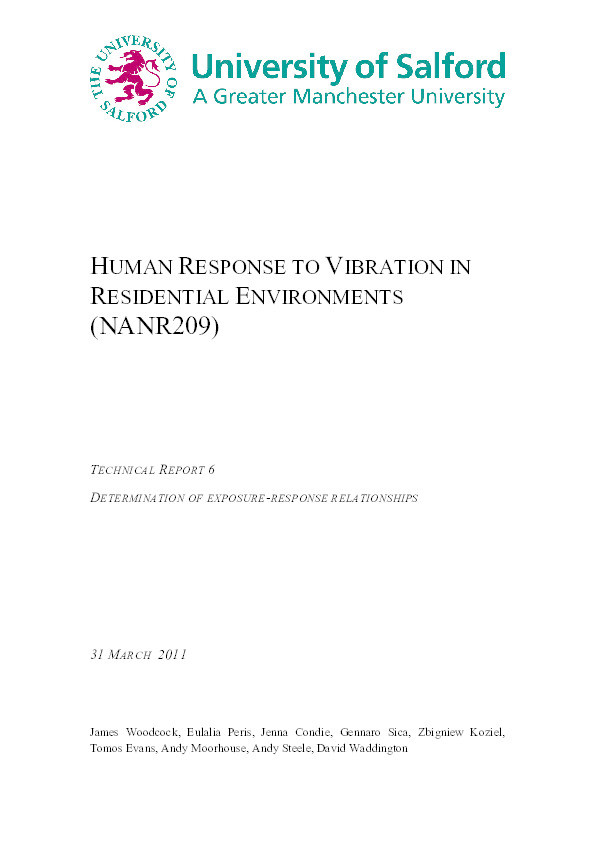 Human response to vibration in residential environments (NANR209), Technical report 6 : determination of exposure-response relationships Thumbnail