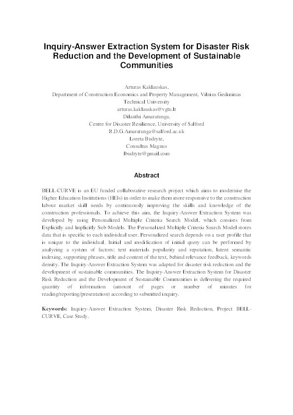 Inquiry‐answer extraction system for disaster risk reduction and the development of sustainable communities Thumbnail