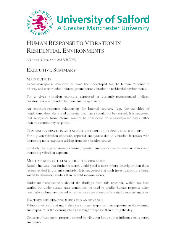 Human response to vibration in residential environments (NANR209), executive summary Thumbnail