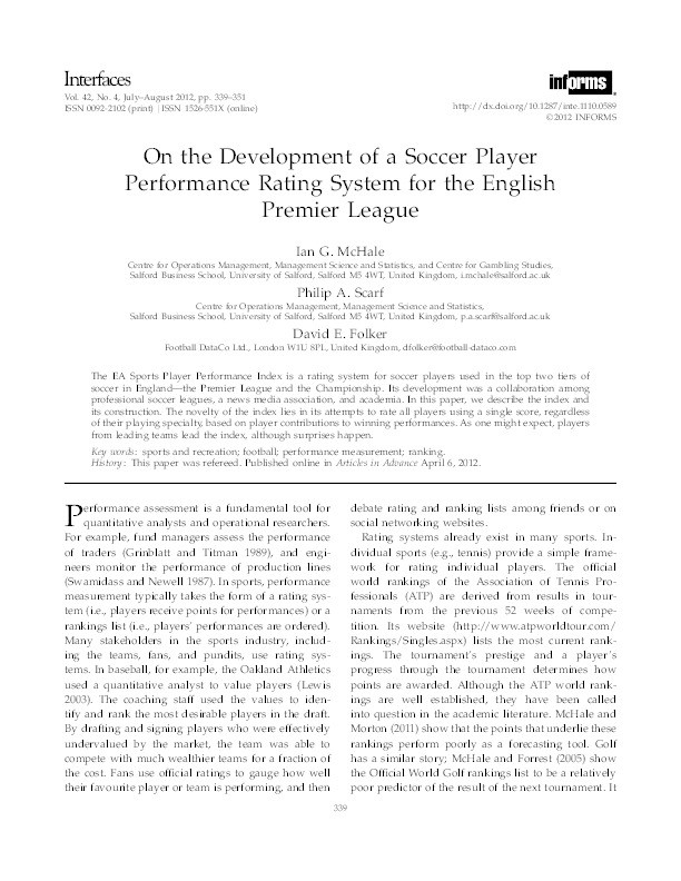 On the development of a soccer player performance rating system for the English premier league Thumbnail