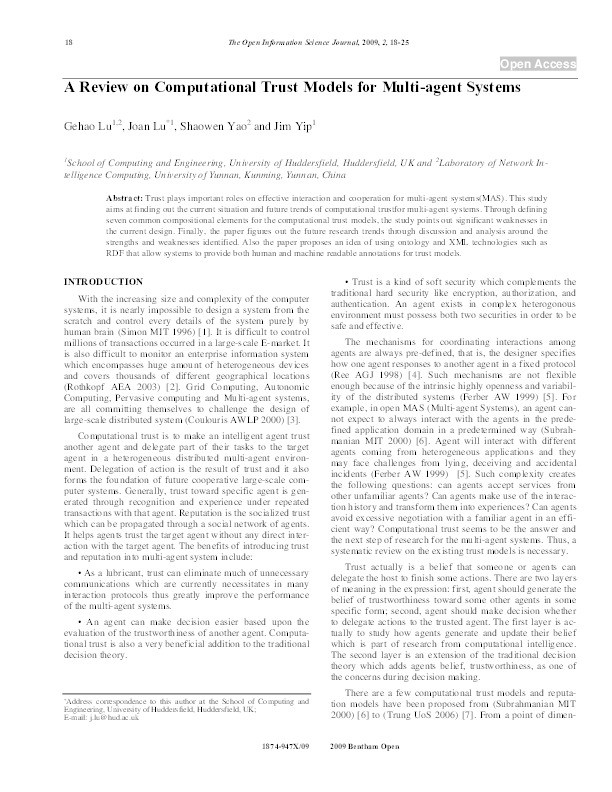 A review on computational trust models for multi-agent systems Thumbnail