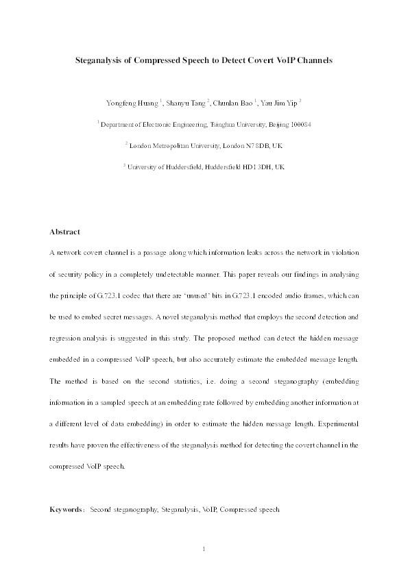 Steganalysis of compressed speech to detect covert voice over Internet protocol channels Thumbnail