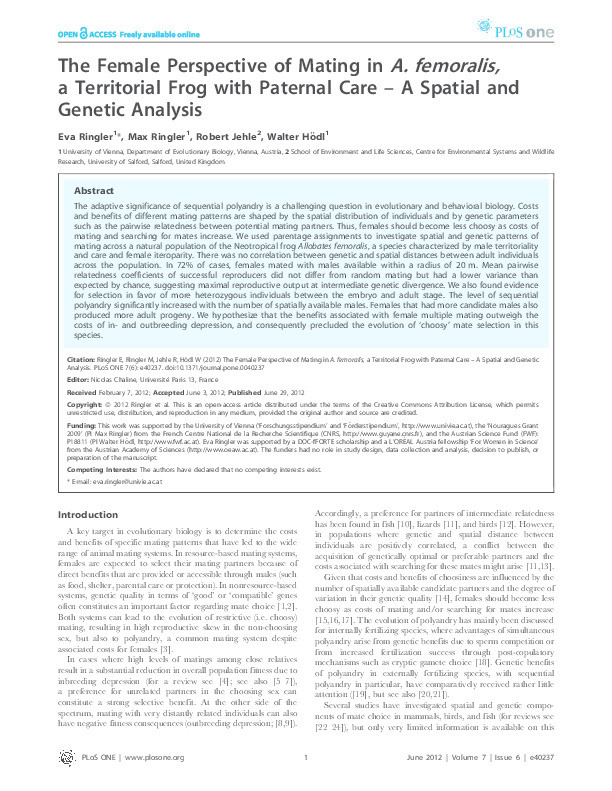 The female perspective of mating in A. femoralis, a territorial frog with paternal care – A spatial and genetic analysis Thumbnail