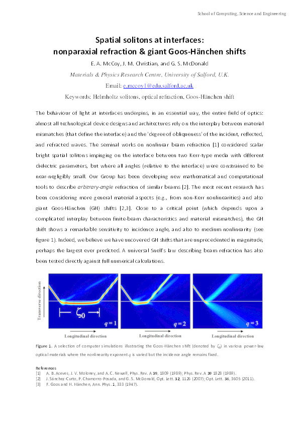 Spatial solitons at interfaces:
nonparaxial refraction & giant Goos-Hänchen shifts Thumbnail