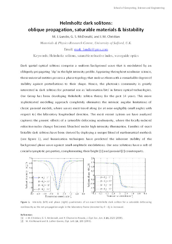 Helmholtz dark solitons:
oblique propagation, saturable materials & bistability Thumbnail