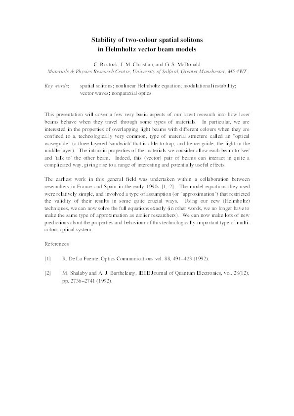 Stability of two-colour spatial solitons
in Helmholtz vector beam models Thumbnail