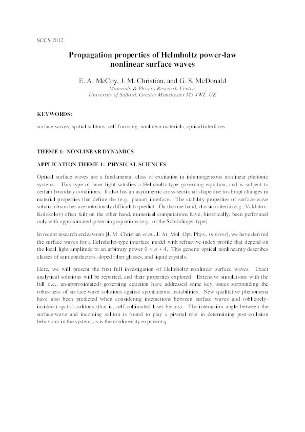 Propagation properties of Helmholtz power-law
nonlinear surface waves Thumbnail