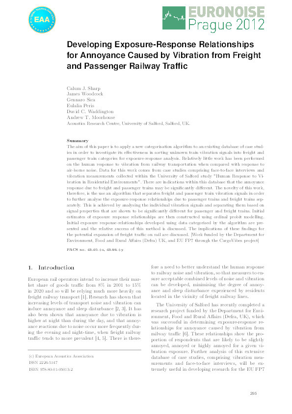Developing exposure-response relationships for annoyance caused by vibration from freight and passenger railway traffic Thumbnail