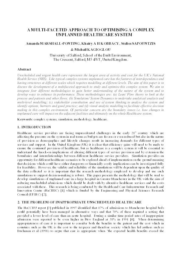 A multi-faceted approach to optimising a complex unplanned healthcare system Thumbnail