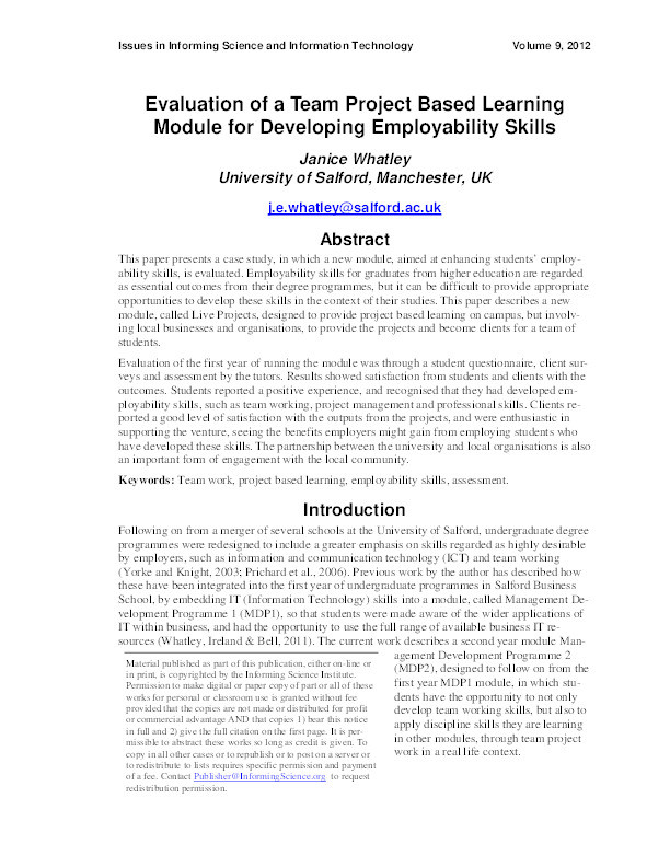 Evaluation of a team project based learning module for developing employability skills Thumbnail